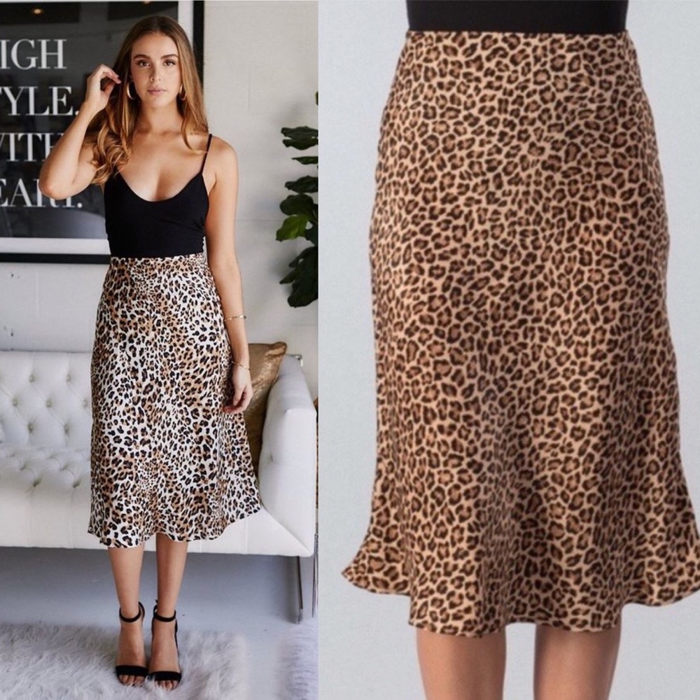 Wild Nights Satin Leopard Print Midi Skirt
